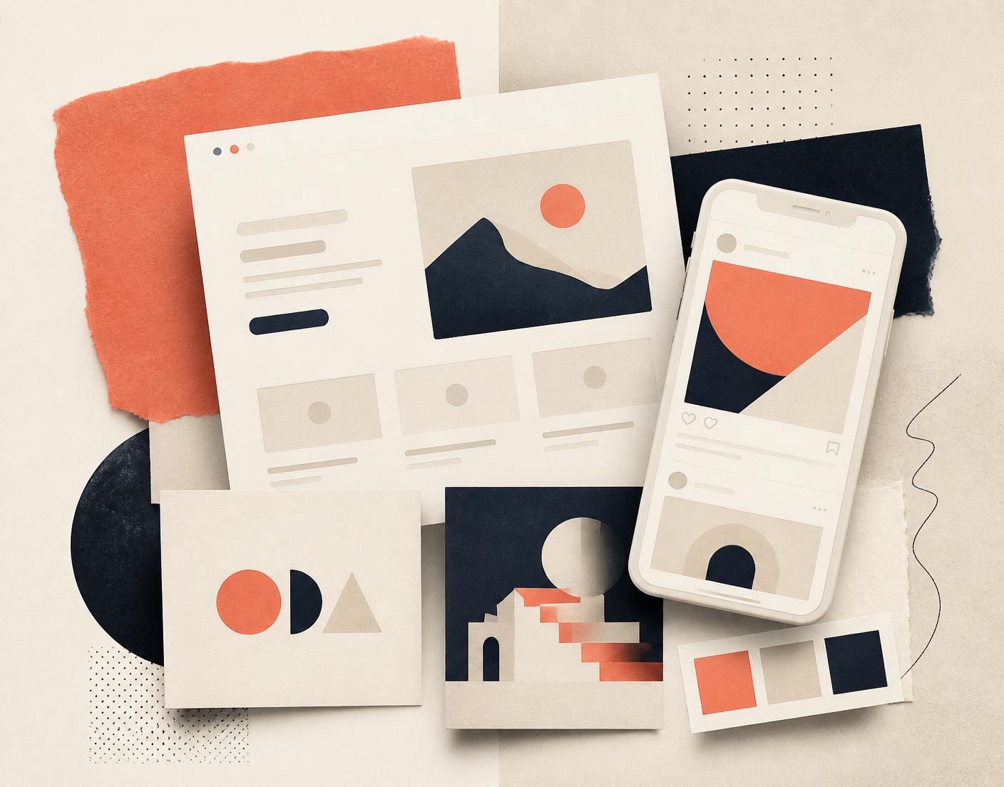 Collage of a website layout, social media posts and logo designs by MB Development